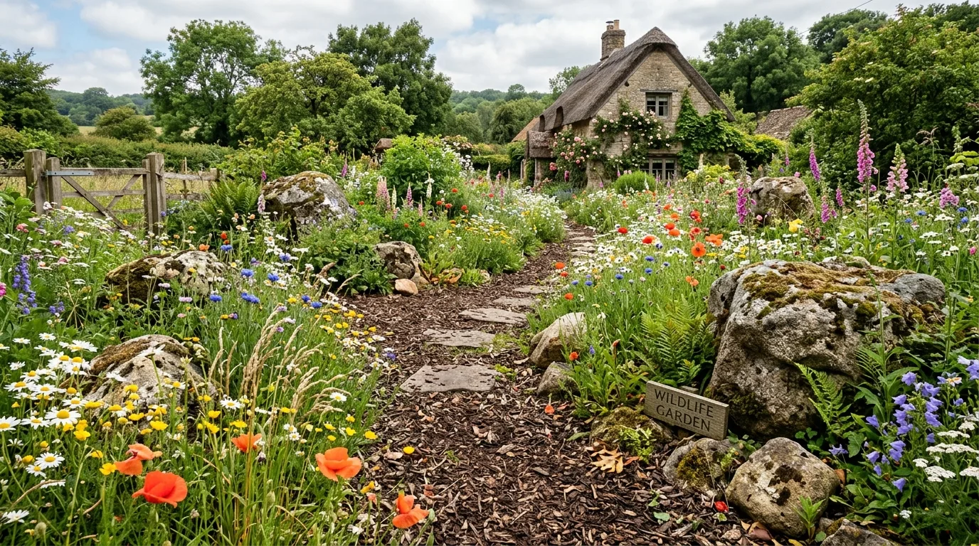 Rustic Garden With Wildflowers and Boulders